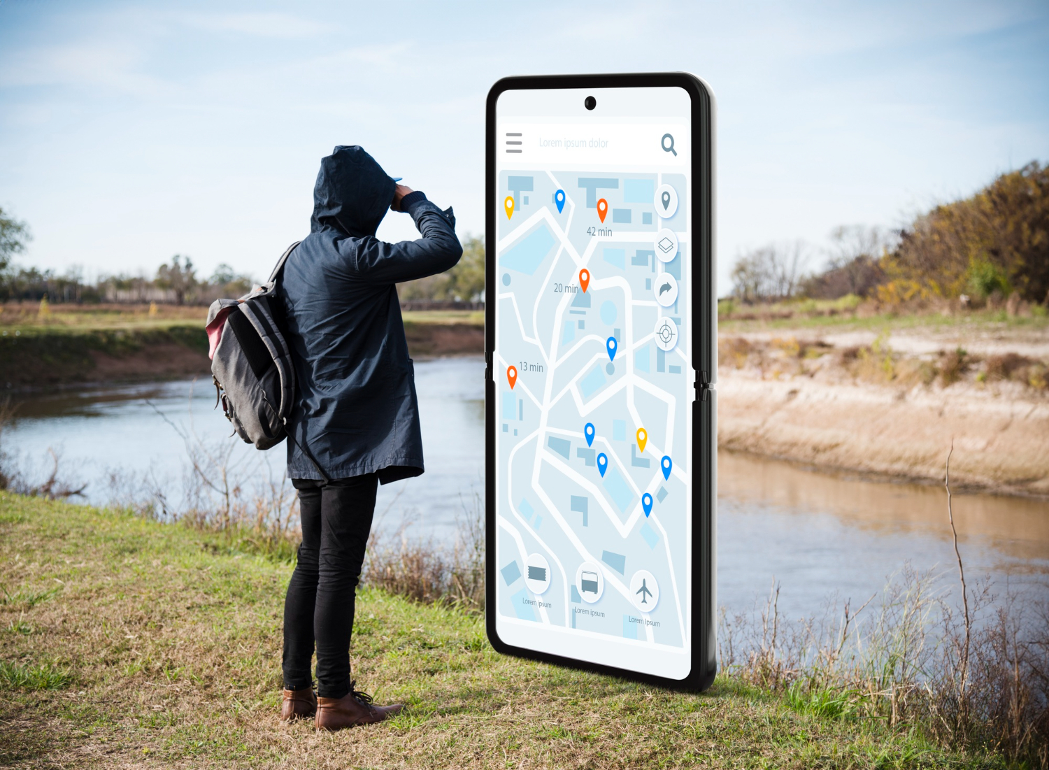 a man stands in front of a large virtual phone