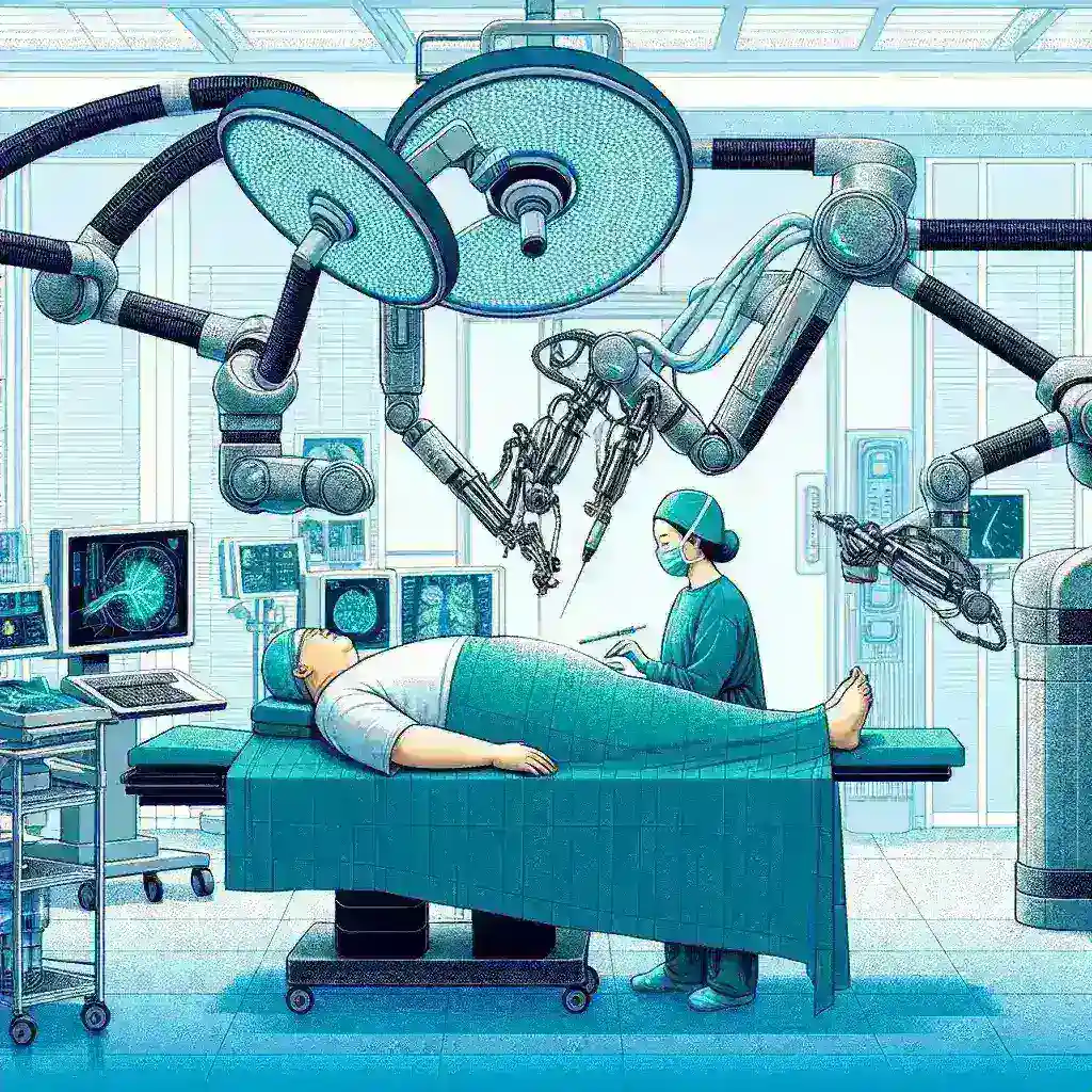"Surgeon operating a surgical robot during a weight loss procedure for obese patients in an NHS hospital, showcasing advanced technology and innovative techniques in obesity treatment."