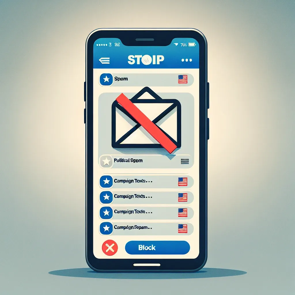 "Illustration of a smartphone receiving unwanted campaign texts, symbolizing political spam and offering tips on how to stop unsolicited messages."