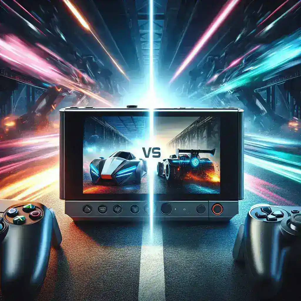 "Comparative analysis of Nintendo Switch 2 and Steam Deck 2 in a portable gaming showdown, showcasing side-by-side images of the two handheld gaming consoles."