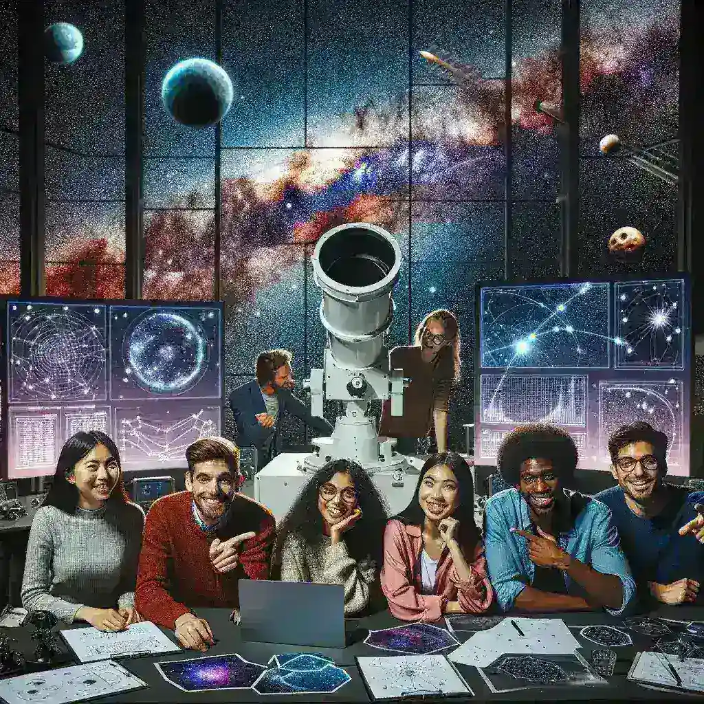"NASA researchers collaborating with university students to analyze asteroid observation data in a high-tech lab setting, highlighting the importance of crowdsourcing in space exploration."